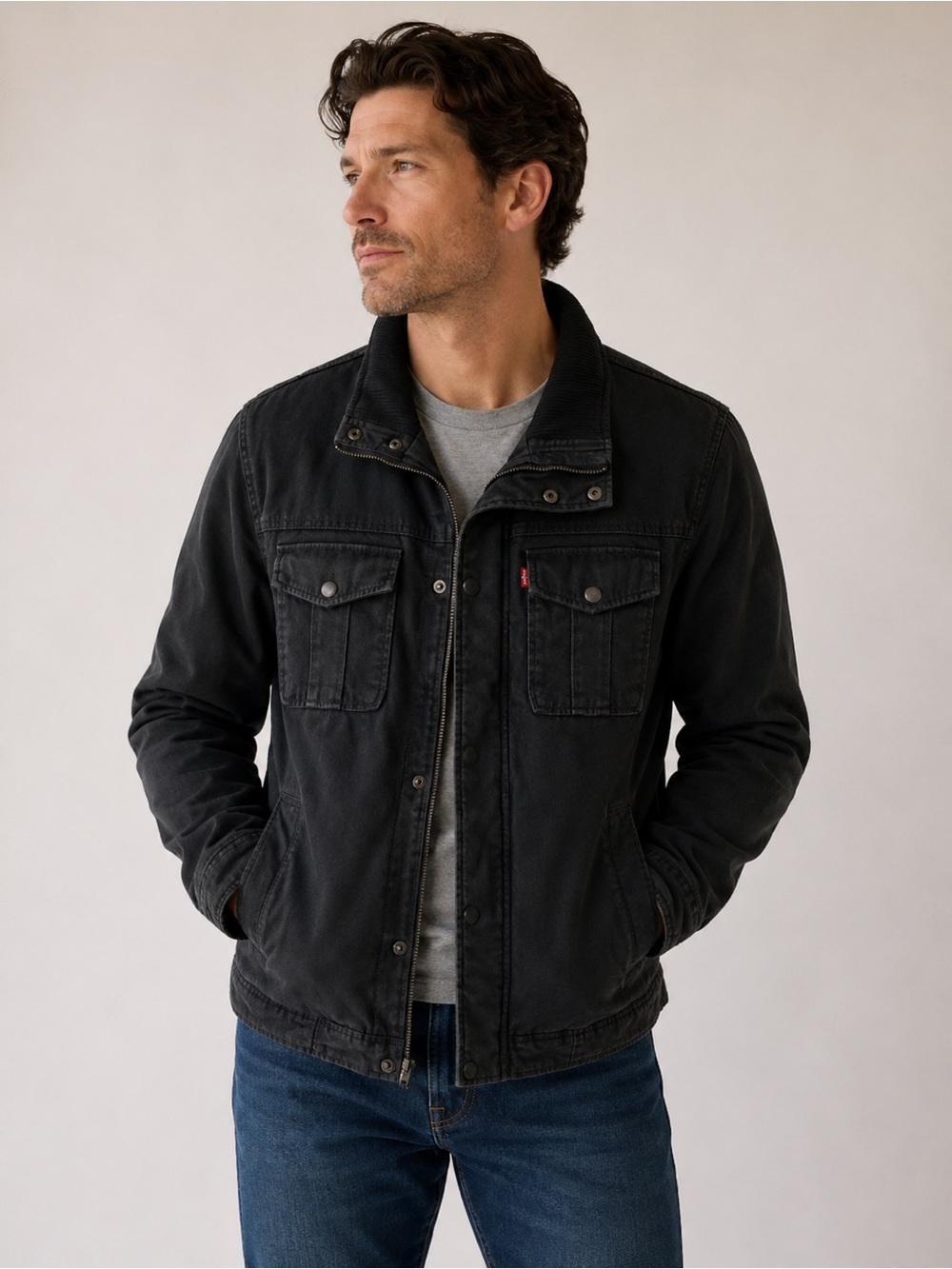 Levi’s Men’s Utility Jacket Black Military Field Coat Midweight Button Zip Large